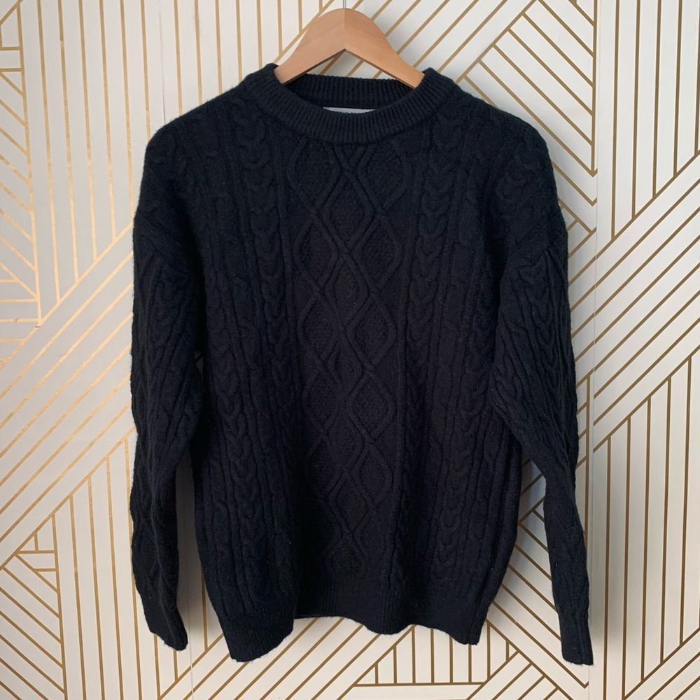 Aelfric Eden Retro 90s Cable Knit Fisherman Sweater ribbed hems black Small S - Picture 2 of 11